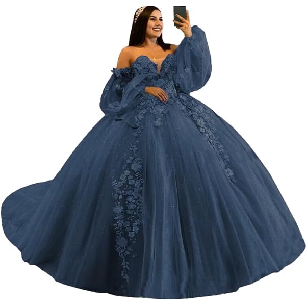 Amazon.com: Puffy Sleeve Sweet 15 16 Birthday Off Shoulder Party Prom  Quinceanera Dresses Ball Gown with Train for Girls Women Navy Blue:  Clothing, Shoes & Jewelry
