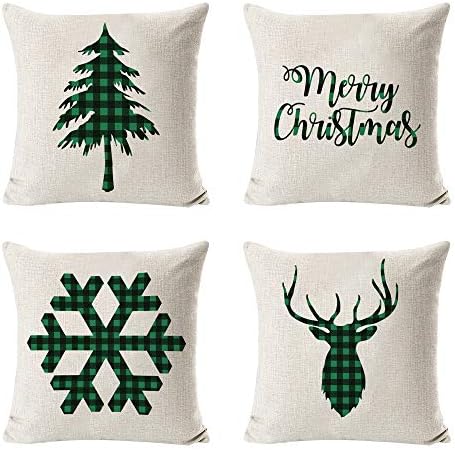 INSHERE Christmas Decor Buffalo Check Throw Pillow Covers Cotton Linen Decorative Cushion Cases, Cozy Cushion Cover, Home Decor, Pack of 4, 18 X 18 Inches (Christmas 1)