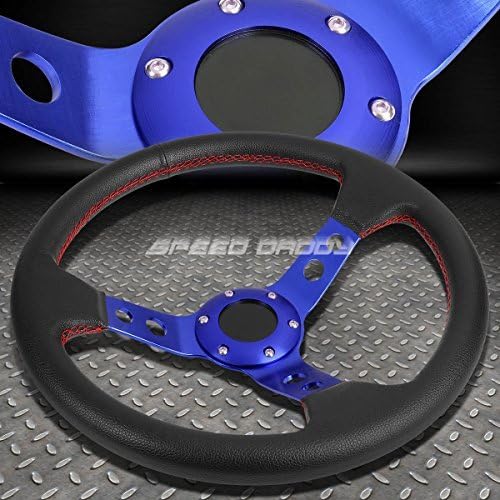 QC Tech 350MM 3" DEEP DISH 6-BOLT BLUE RACING STEERING WHEEL RED STITCHING+HORN BUTTON