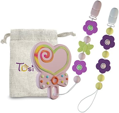 Baby Infant Teething Chew Toy and 2 Pacifier Clips Set By TosiTosi - BPAFree Food Grade Silicone Teether - Durable Holder Clips With Colorful Beads Ideal For Girls - Storage Bag Included