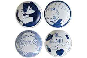 MINO WARE Japanese Small Plate Set Ceramic Cute Cats Design Appetizer Dessert Sushi Sauce Dishes, 3.94 x 0.8 Inches, Set of 4