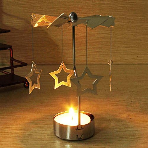 Queenbuygo Creative Romantic Rotary Carousel Silver Metal Tea Light Candle Holder Candelabrum for Christmas Holiday Decor or Gifts (Star)