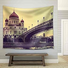 Cathedral of Christ The Saviour. Russia, Moscow. Toned Picture - Fabric Wall Tapestry Home Decor - 51x60 inches