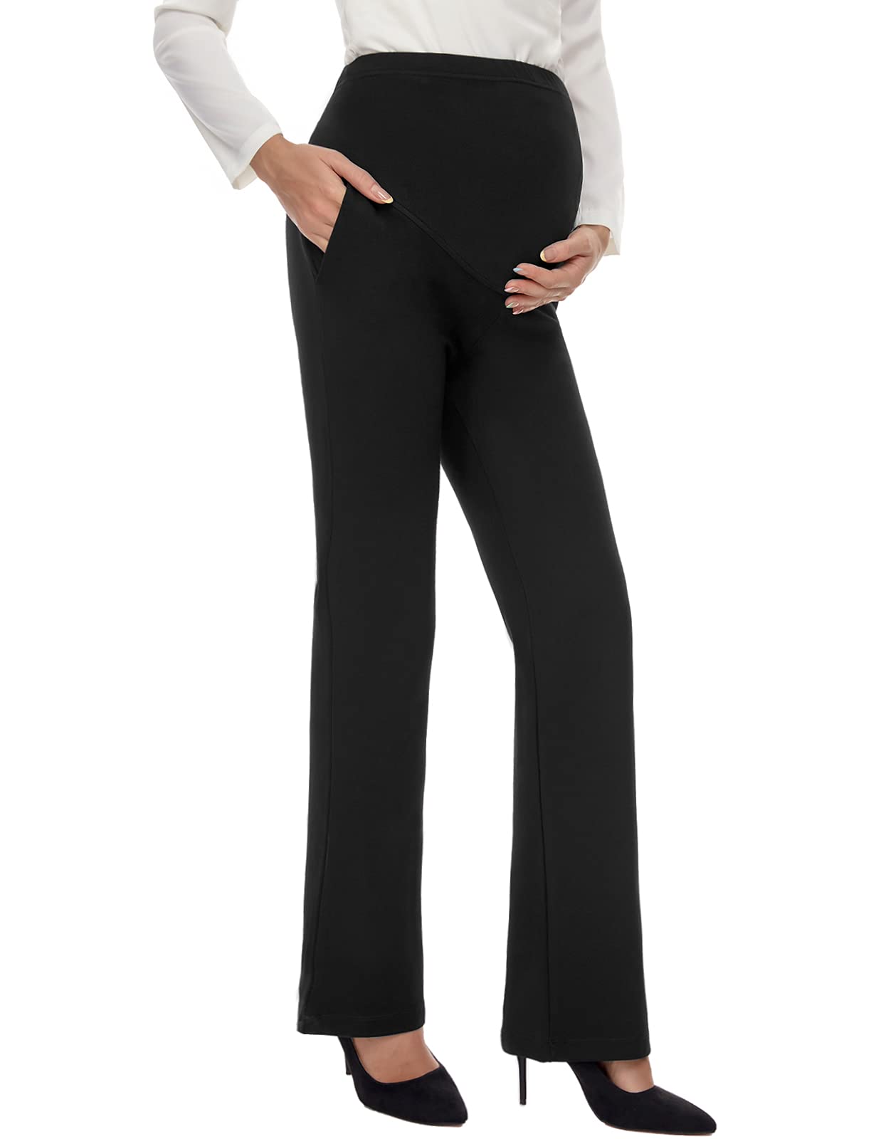 Photo 1 of Tapata Women's Maternity Bootcut Dress Pants 28" 30" 32" with Pockets Over Belly Pregnancy Work Pants Over-Bump Casual 30'', Black, M