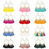 12 Pairs Hoop Tassel Earrings for Women & Girls by JieyueJewelry, Bohemian Fan Tassel Drop Earrings Fish Hook Dangle Earrings Statement Earrings (Style-1)