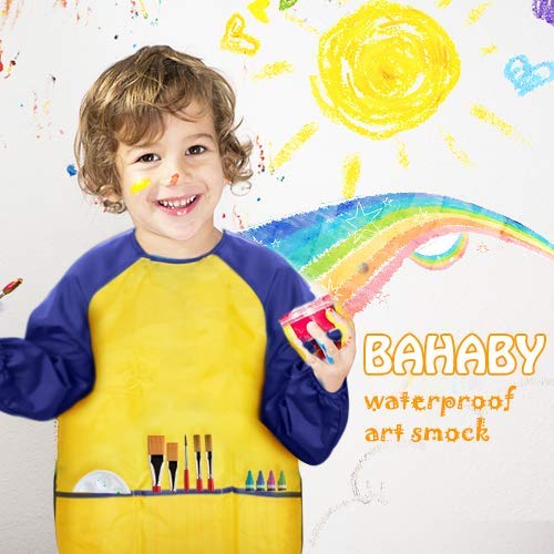 BAHABY Kids Art Smocks 2 Pack Painting Smock with Long Sleeve and 3 Pockets for Age 3-8