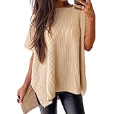 SHEWIN Womens Tops Crewneck Short Sleeve Sweater Causal Tunic Tops Lightweight Summer Sweaters for Women