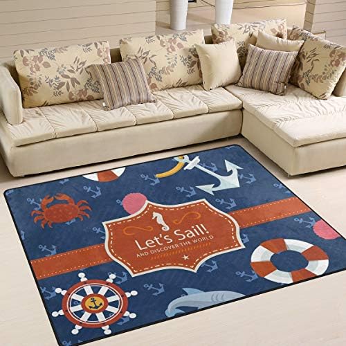 Area Rugs Nautical Compass Crab Anchor Navy Indoor/Outdoor Floor Mat Livingroom Bedroom Sofa Carpet Non Slip Home Hotel Large Custom Area Rug Mat 5.25'x4'