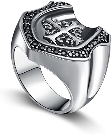 Mens Big Heavy Sterling Silver 925 Horseshoe Ring, Black Fleur De Lis Cross Jewelry, Size 7-14 by Morsca