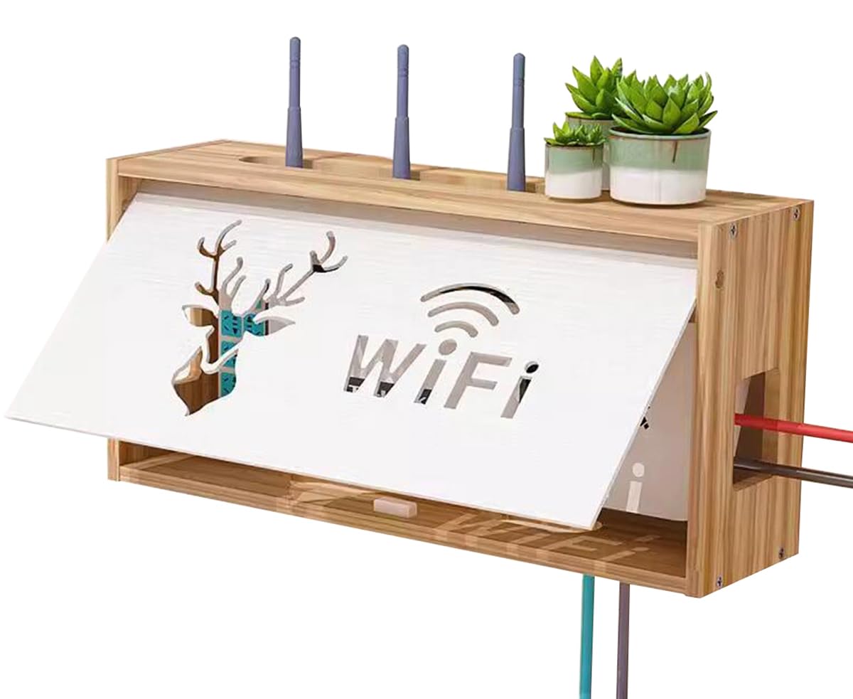 PUIOTEAI Router Shelf, MDF Wall-Mounted Wifi Storage Box for Routers, TV Set-Top Boxes etc. (Brown)