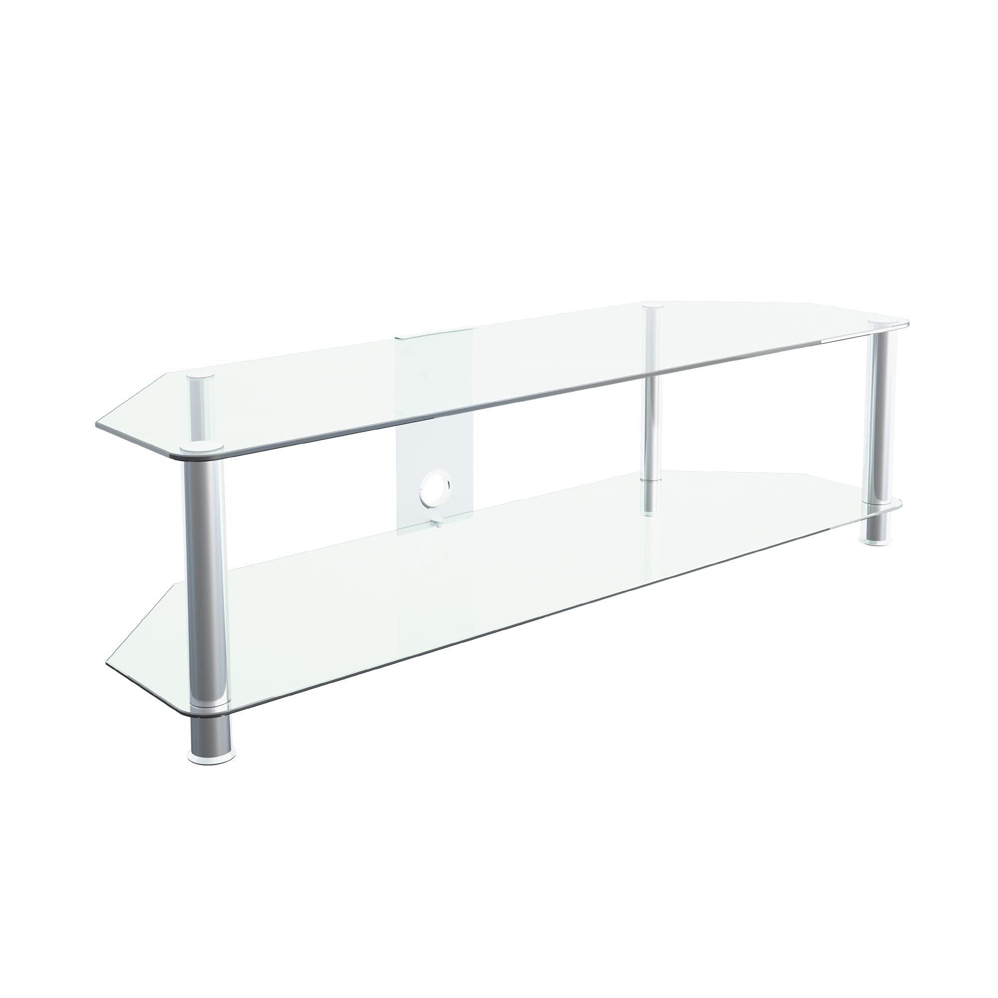 MAHARA Glass Corner TV Stand – Universal Clear Glass Unit 140cm wide - Glass Shelf & Cable Management – Floor Stand Suitable for up to 65” & 60Kg Max
