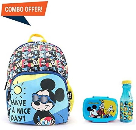 HMI International Combo Set of Disney Original Licensed Polyester School Bag"10 Ltrs" and Plastic Lunch Box and Water Bottle, BPA Free, Durable, Leak Proof and Microwave & Dishwasher Safe