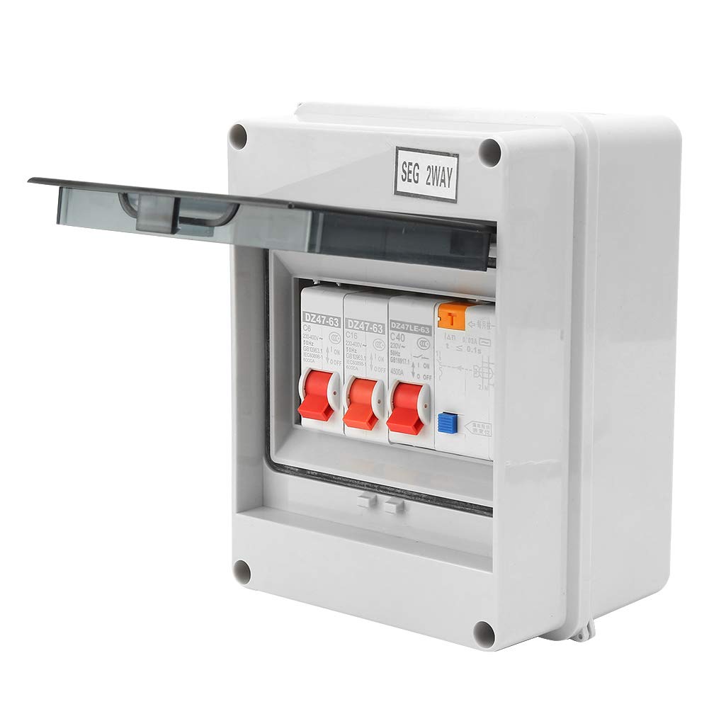 Consumer Unit Circuit Breaker Panel 2 Way IP65 Weatherproof Garage Consumer Unit with 40A 30mA RCD Leakage Protection for Garages Caravans Workshops 2 MCB 6A 16A