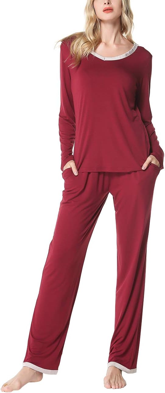 AUTUN Women's Pajamas Sleepwear Long Sleeves Top V-Neck with Pants Pajama Set S-XL