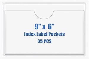 Origin-Joy 35 PCS Self Adhesive Index Card Pockets with Top Open, Clear Plastic Label Holder for Cards of Note, Library and Business, Adhesive Label Pockets & Card Holder (9 x 6 inch)