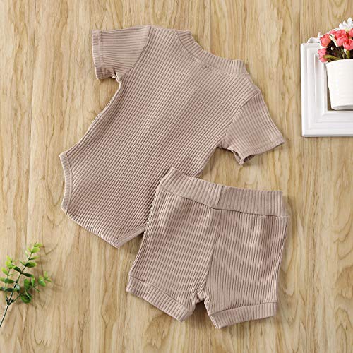 Newborn Baby Boy Girls Clothes Basic Plain Rib Stitch Short-Sleeve Top with Shorts 2 Pieces Outfits Set for Unisex (Brown Onesie Shorts Set, 18-24 Months) - Thumbnail 3