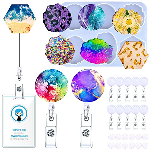 BABORUI-088 Badge Reels Resin Molds Silicone, 6 Cavities On Top Retractable with 10 Pcs Holders, Shapes Epoxy Casting for DIY Name ID, White