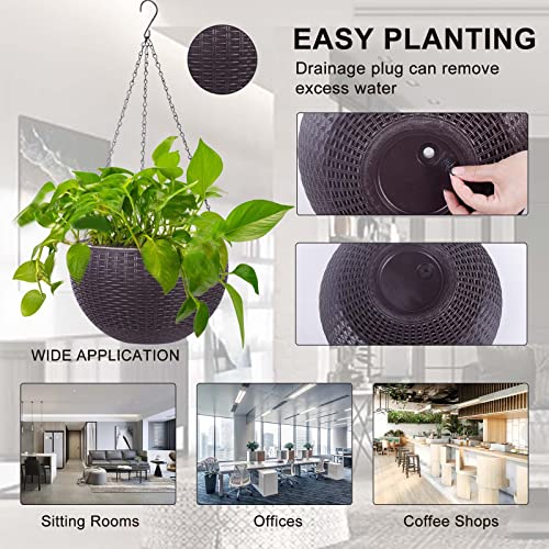 Vencer 11 Inch Round Resin Rattan Hanging Planters,Self Watering