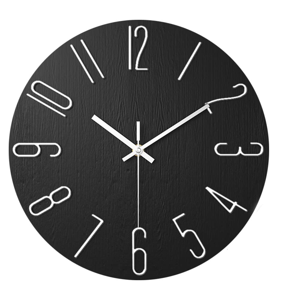 ALEENFOON 12 Inch Round Non-ticking Wall Clock, 3D Large Number Modern Quartz Silent Frameless Ultra Thin Wood Grain Wall Clocks for Home Living Room Office Kitchen School (Black)