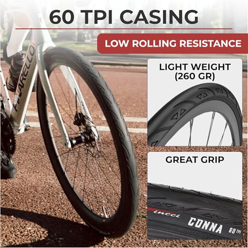 Fincci Corsa Bike Tyres 700x23 (23-622) and 2 Presta Inner Tubes 60mm - 60 TPI Folding Tyres - Weight 250g with 1mm Puncture Protection - Ideal for Road and Rollers - 28 Inches