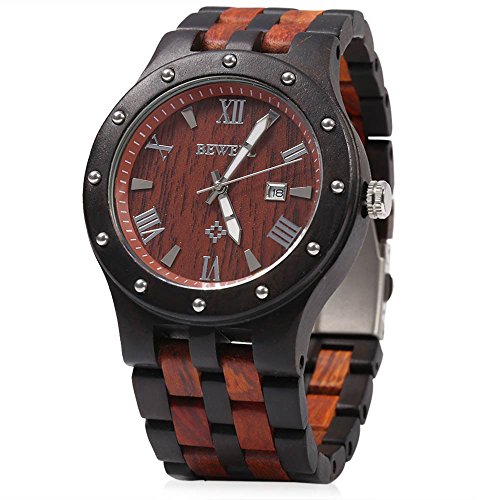 GBlife Bewell W109A Men Wooden Quartz Watch Round Dial Analog Handmade Wood Wristwatch (Ebony and Red)