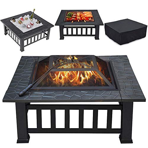 Topeakmart Outdoor Metal Fire Pit Table Multifunctional Backyard Patio Garden Square Stove, 32in ...