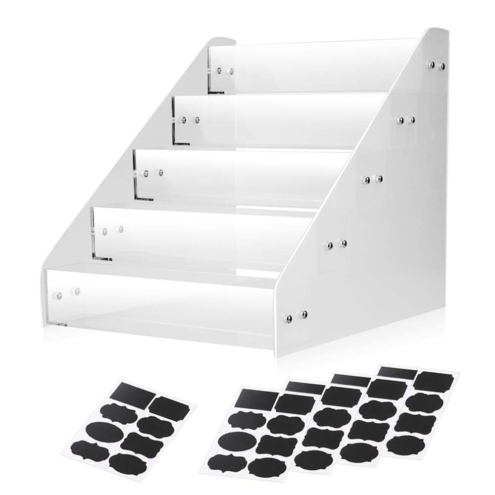 BANBLUE Acrylic Spice Rack Organizer - 5 Tiers Kitchen Seasoning Shelf Stand Holder ＆ Chalkboard Lables (40 pcs) Storage Stickers for Jars