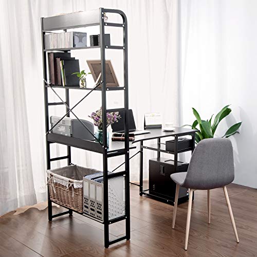 Rhomtree Computer Desk with 4 Tier Storage Shelves Large L-Shaped Home Office Desk PC Laptop Writing Table Workstation with Hutch Bookshelf (Brown)