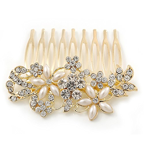 Bridal/ Wedding/ Prom/ Party Gold Plated Clear Crystal and Light Cream Simulated Pearl Floral Hair Comb - 50mm