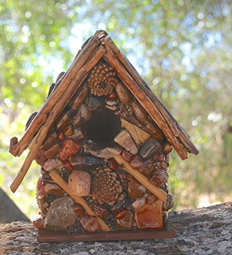 Mosic Stone Birdhouse Red Jasper Stones Pinecone Accents Twig Roof Functional Yard Art Garden and Patio Home &amp; Garden