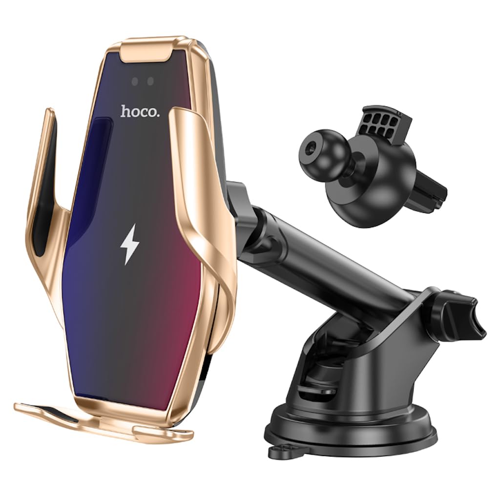 hoco. Wireless Car Charger Mount, 15W Infrared Induction Auto-Clamping Dashboard/Air Vent Phone Holder for iPhone 11 Pro Max/XR/Xs Max/8 Plus/Samsung S10+/S9+/Note10+/Note 9+(Gold)