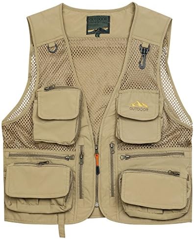 Hilarocky Mens Mesh Fishing Vest Quick-Dry Multi-Pockets Zipped-up Breathable Waistcoat for Outdoor Hunting Travels Sports 4XL Khaki