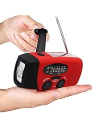E & W Protector del hogar portátil de emergencia solar manivela AM FM NOAA correa Radio para Todos los tipos de peligros, con 1200 mAh Banco de la energía, linterna brillante para mantener segura a tu familia Rojo