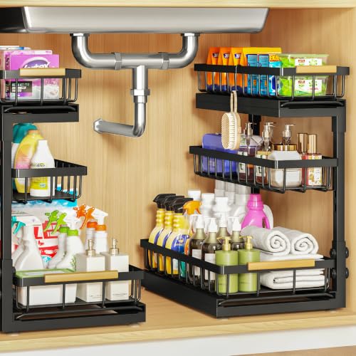 Aekenr Under Sink Organizer and Storage for Bathroom and Kitchen - 2 Pack 3 Tier Under Cabinet Pull Out Shelf Organizers - Slide Out Drawer Organization for Home Cabinets Shelves and Drawers