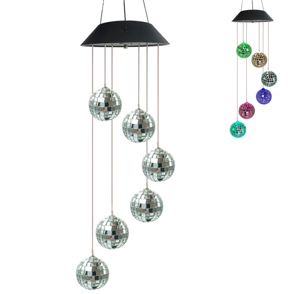 POFET Color Changing Crystal Ball Solar Wind Chime Lamp, Mobile Solar Powered Wind Chime Hanging Light, Disco Mirror Ball Lamp for Garden Landscape Pathway Festival Decoration