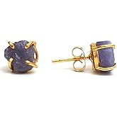 Gempires Natural Raw Gemstone Stud Earrings for Women | Handmade Raw Crystal Prong Setting Earrings | Hypoallergenic Gold Plated Minimal Studs | Unique Gift Jewelry for Her (Multiple Gemstone Options)