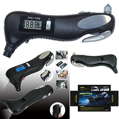 iMagitek Digital Tire Pressure Gauge Monitor with Safety Hammer, Flashlight, Seatbelt Cutter, Red Safety Light - 5 in 1 Rescue Emergency Tool for Car, Motorcycle and Other Vehicle