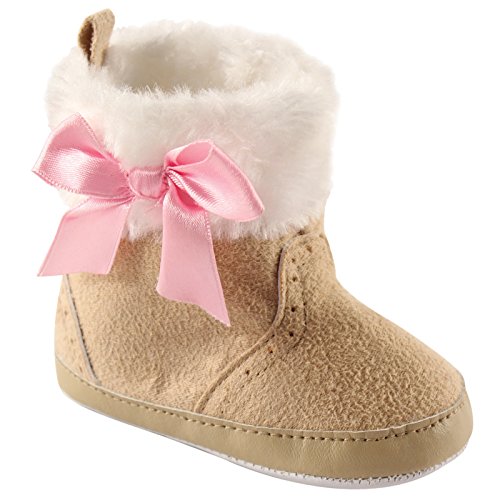 Luvable Friends Girls' Faux Fur Trimmed Boots With Bow Crib Shoe, Beige, 6-12 Months M US Infant