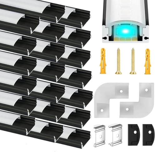 Chesbung 20 X 2m Schwarz LED Aluminium Kanal für Led Streifen, U Form Profil Aluprofil Eckprofil Alu Profile, Leiste Diffusor with Milchig Weißer Abde