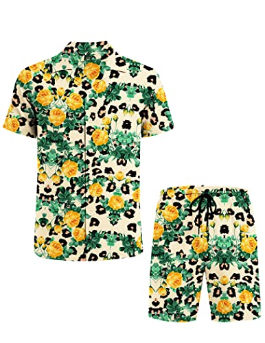 LUCKYOUNG Men's Hawaiian Shirt and Short, Two Piece Vacation Outfits Sets Short Sleeve Shirt Beach Button Down Shirts Suits Yelloworange Large