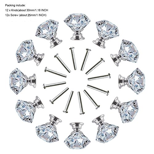 FENSING 12 Pcs 30MM Crystal Clear Glass Dresser Knobs Silver Diamond