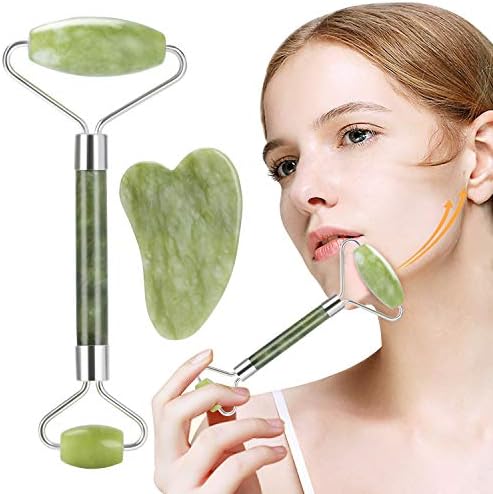 Fixget Jade Roller and Gua Sha Set, Jade Roller & Gua Sha Scraping Massage Tool Anti-Aging 100% Natural Facial Jade Stone Set - Face Eye Neck Beauty Roller for Slimming & Firming - Rejuvenate Skin