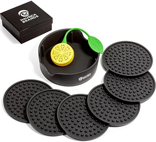 Drink Coasters by Nausica Brands Set of 6 Black in Gift Box+ Bonus Tea Infuser. Protection For Any Table Type, Glass, Wood, Granite, Marble Fits Any Size of Drinking Glasses. VALUE PACK