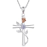 AM ANNIS MUNN Cross Necklace for Women, 925 Sterling Silver Birthstone Necklace for Women with Rose Flower Birthstone Womens Jewelry Birthday Gifts for Wife Women