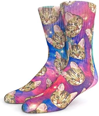 Kicky Jawbone Funny Crazy Novelty Crew Socks for Men (L Shoe Size 9 – 12.5, Galaxy Cats)