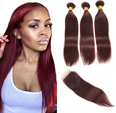 Anruina Brazilian Virgin Hair with Closure 99j Brazilian Straight Human Hair Weave 3 Bundles with Lace Closure 4x4 Lace Top Closure Free Part (16 18 20 with 16, 99j)