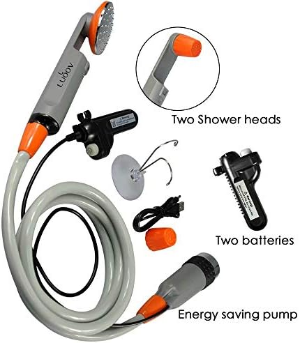 Qbuds Portable Camping Shower, Compact Shower Pump with Dual Detachable USB Rechargeable Batteries, Handheld Outdoor Shower Head for Camping, Hiking, Traveling, Emergency Use(2 Battery)