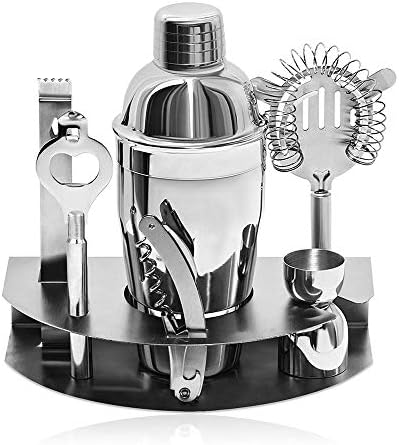 YANGMAN Deluxe 7 Piece Stainless Cocktail Steel Bar Set Stand, Cocktail Shaker, Tongs, Strainer, Corkscrew/Bottle Opener, Double Jigger, Storage Rack