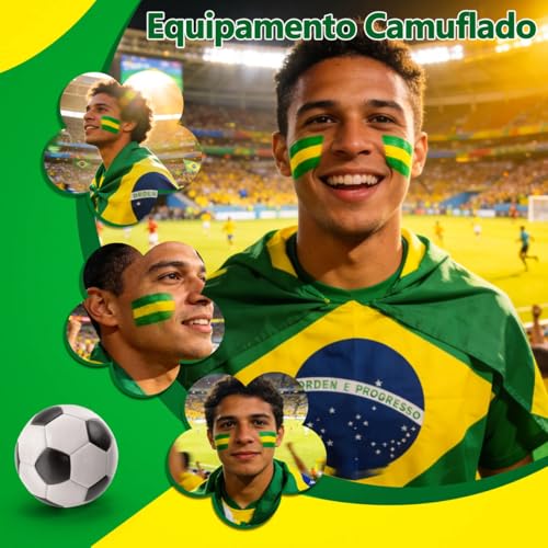 Kit Torcedor Brasil Copa 2026 12 Peças – Fantasia Completa com Faixa Cabeça, Óculos, Bandeira 150x90cm, Bastões Infláveis, Corneta, Tinta Facial e Lança Confete – Festa Churrasco Premium