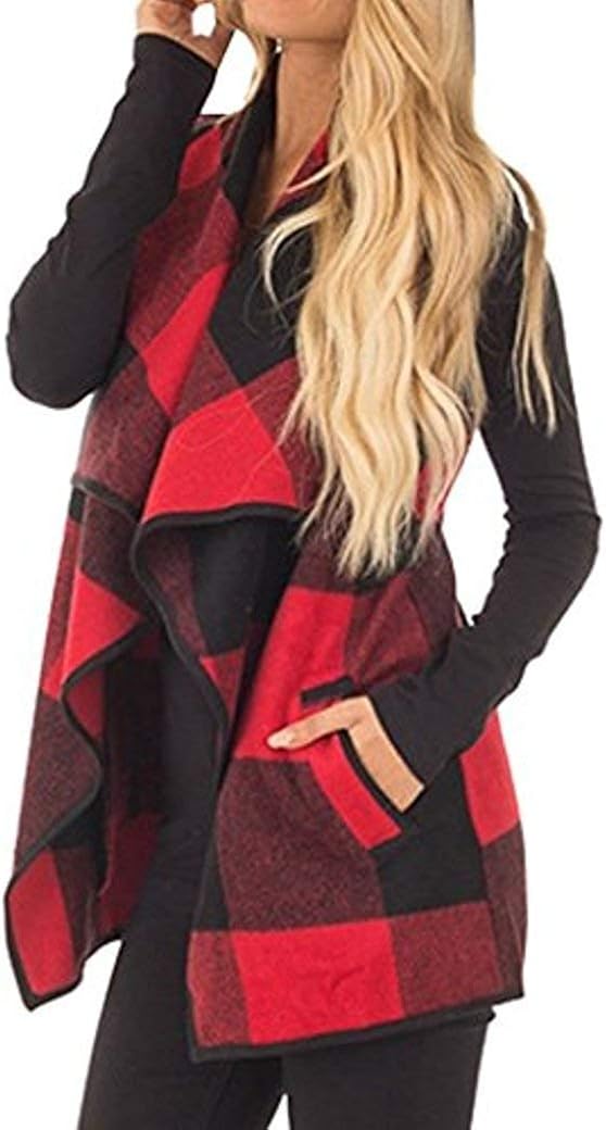 Unidear Womens Casual Lapel Open Front Plaid Vest Cardigan Coat with Pockets at  Women’s Clothing store
